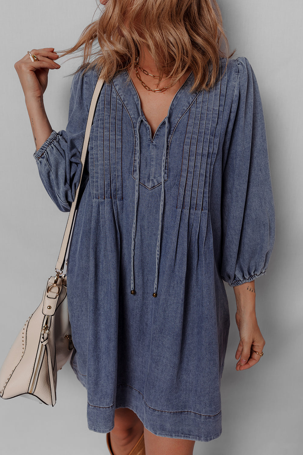 Denim 3/4 Sleeve Tied V-Neck Pleated Mini Dress