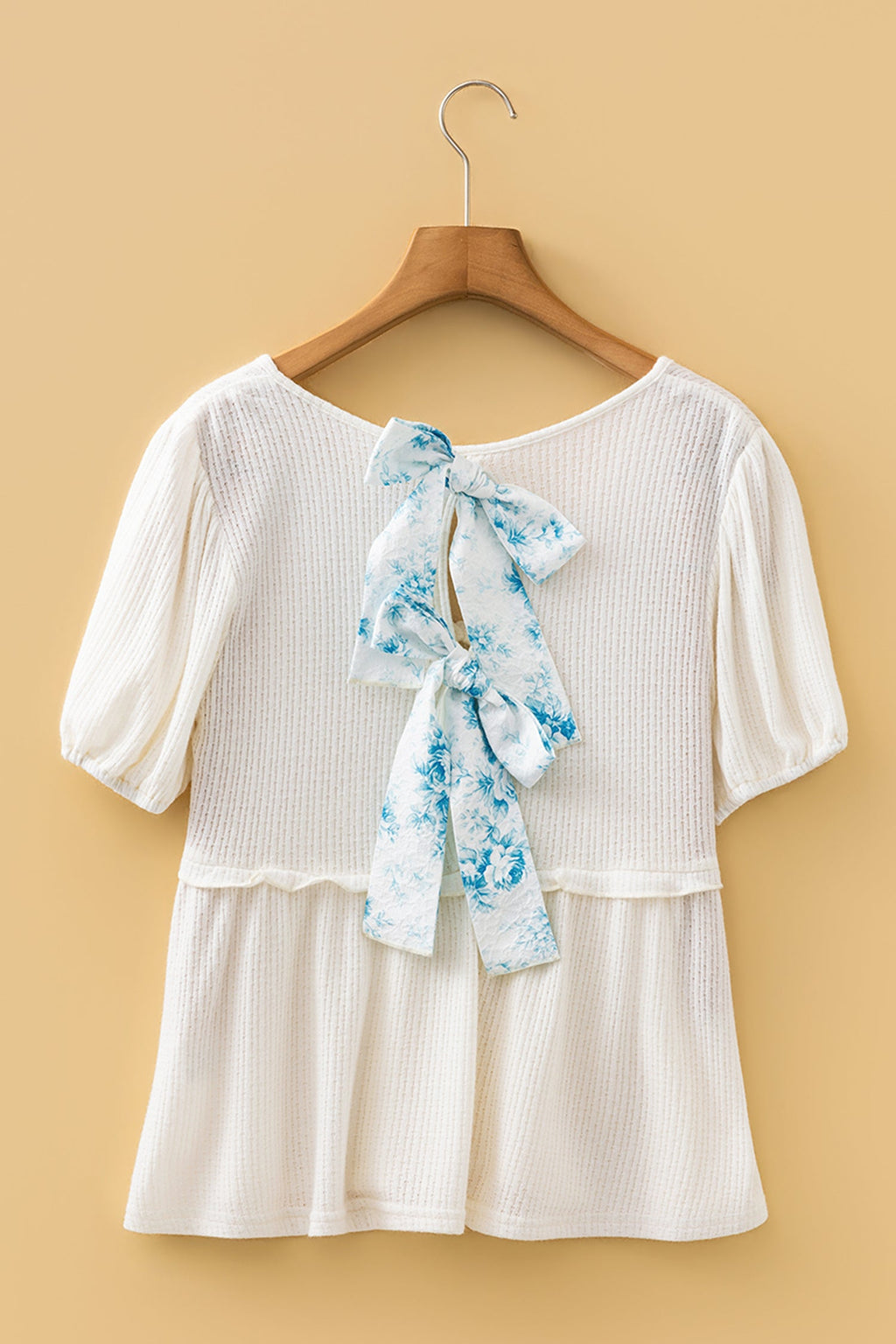 Floral Bow Tie Back Bubble Sleeve Peplum Top