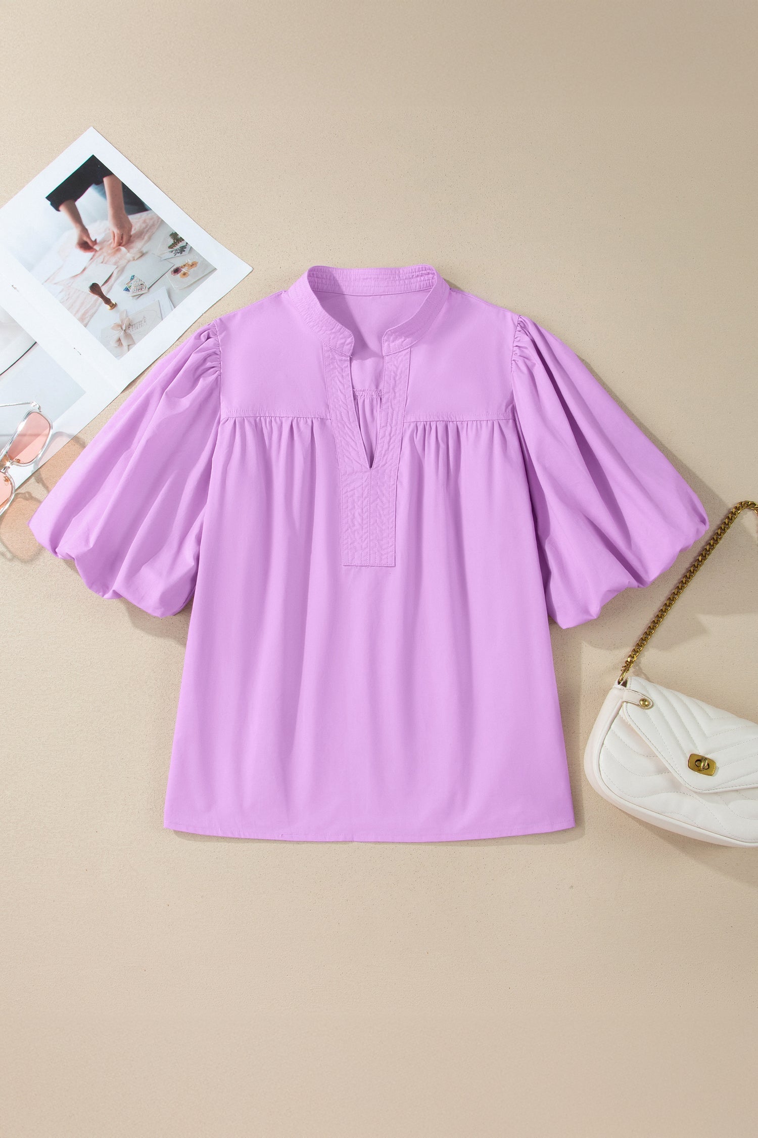Solid Stitched V-Neck Short Puff Sleeve Blouse