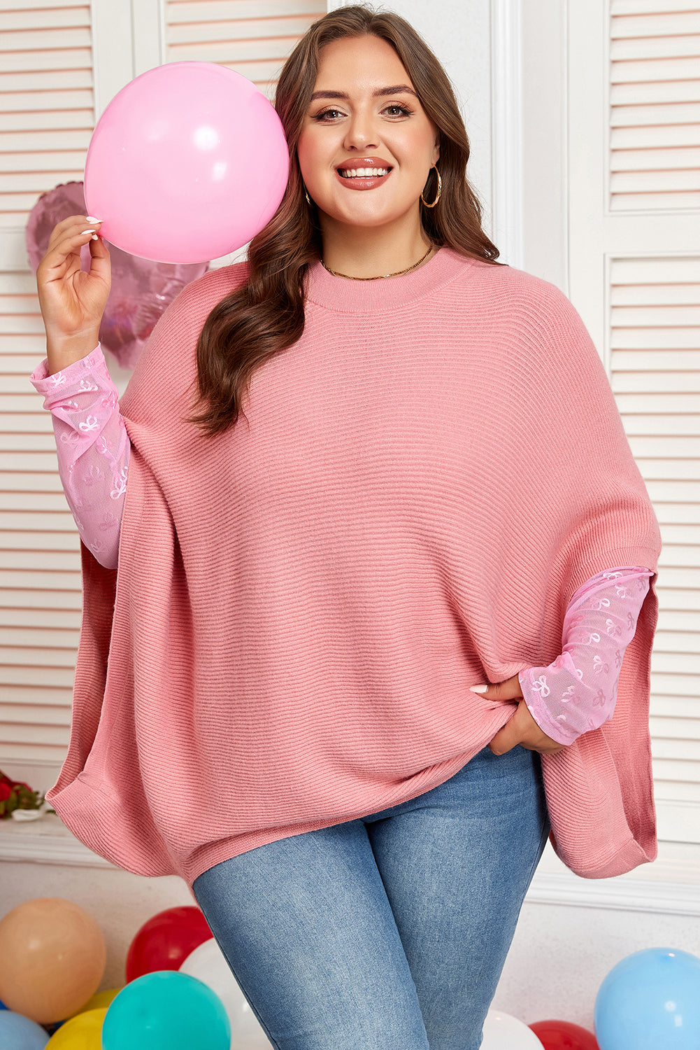 Plus Size Ribbed Knit Crewneck Poncho Sweater