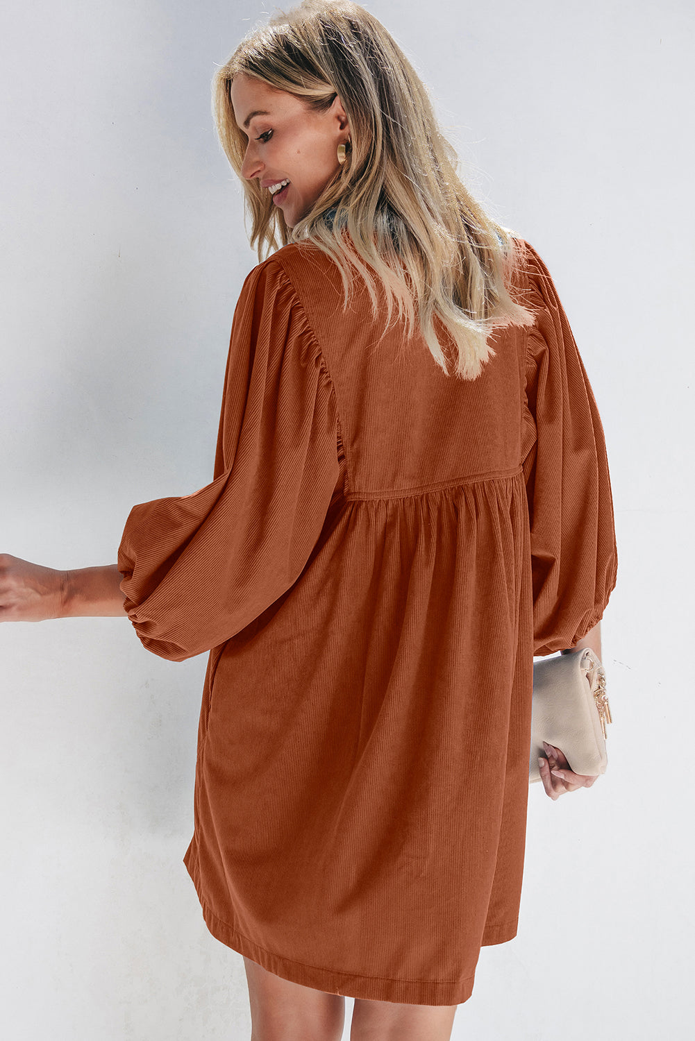 Solid Corduroy 3/4 Sleeve Snap Button Dress