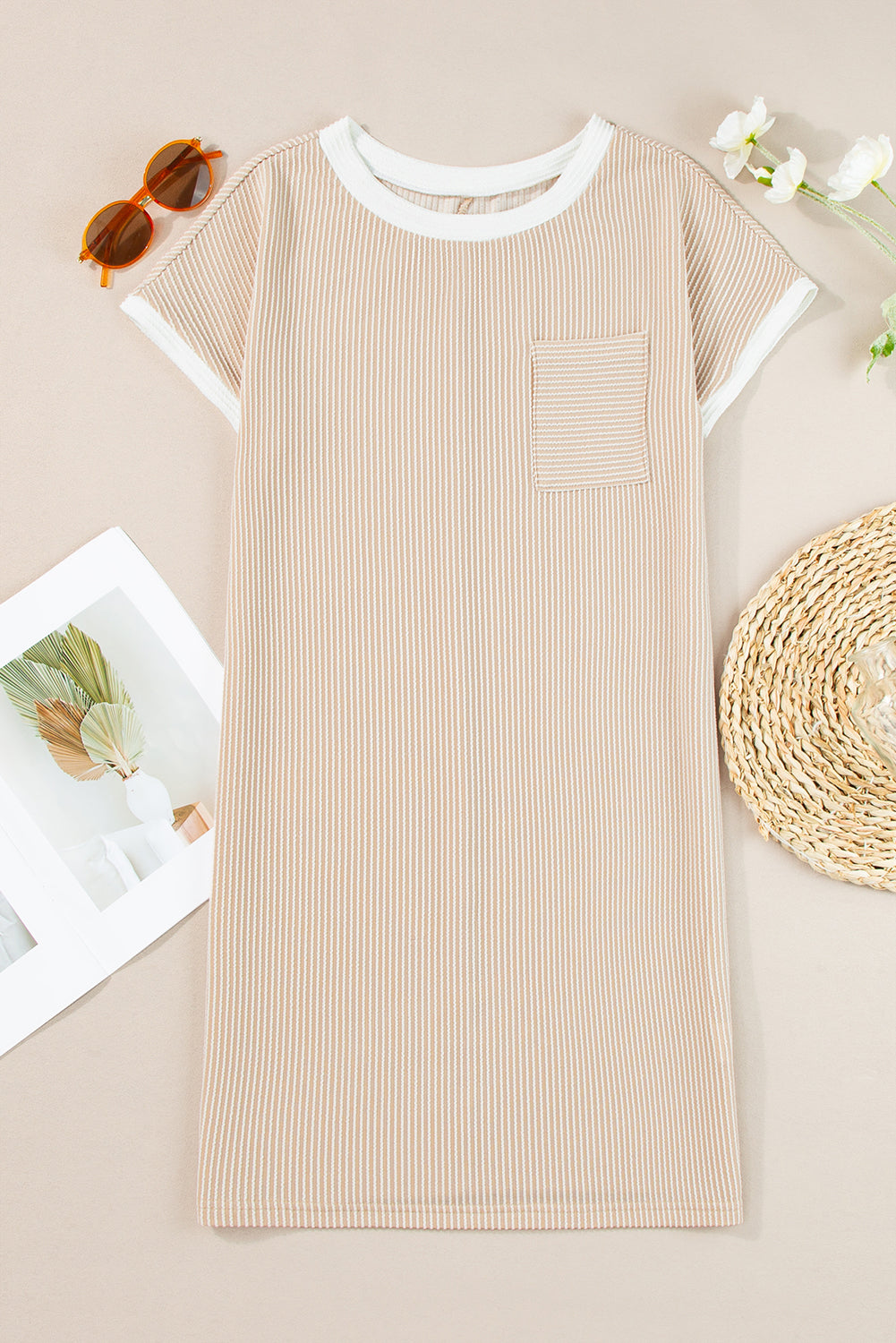 Colorblock Corded Knit Chest Pocket T-Shirt Dress