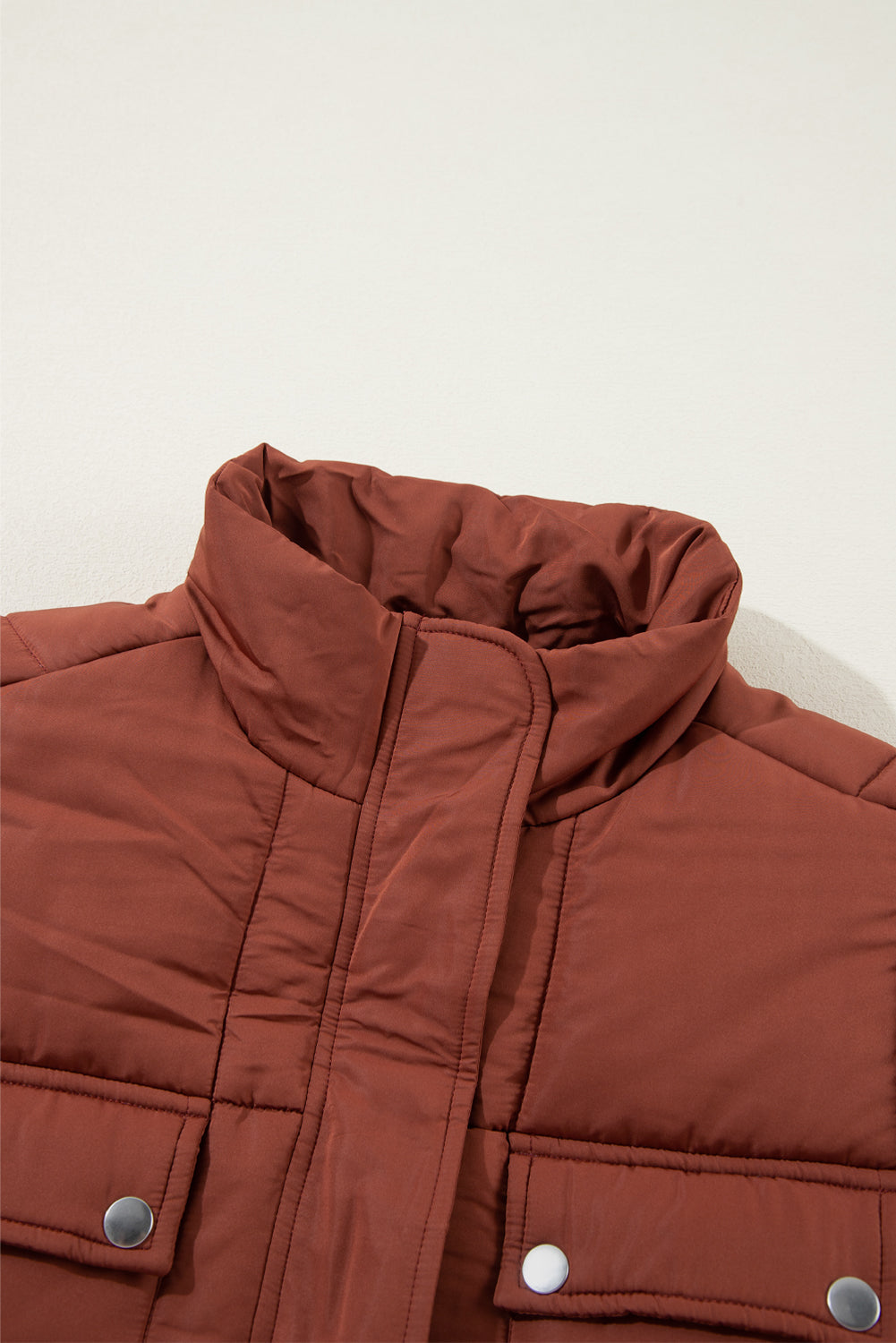 Solid Quilted Stand-Neck Zip-Up Buttoned  Puffer Coat