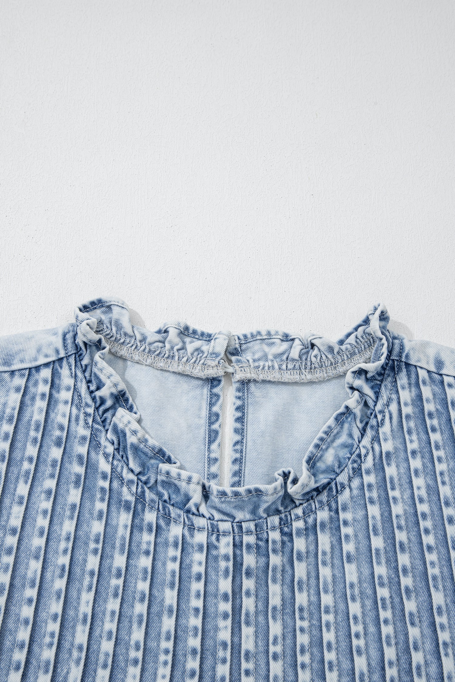 Vintage Washed Denim Pleated Ruffle Sleeve Top