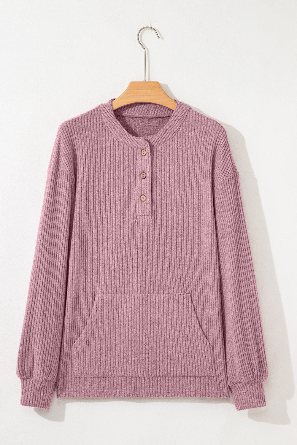 Solid Ribbed Knit Drop Shoulder Henley Top