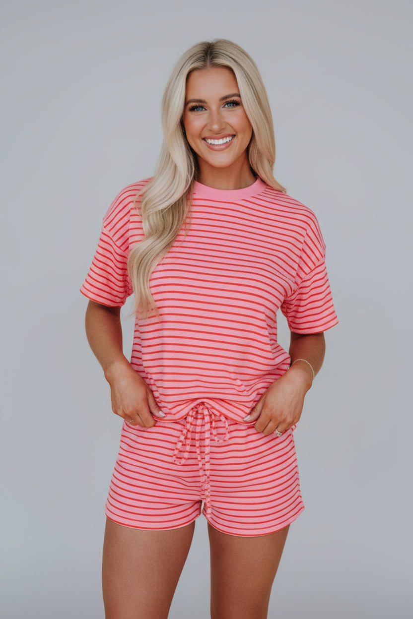 Stripe Side Split Tee & Drawstring Shorts Set