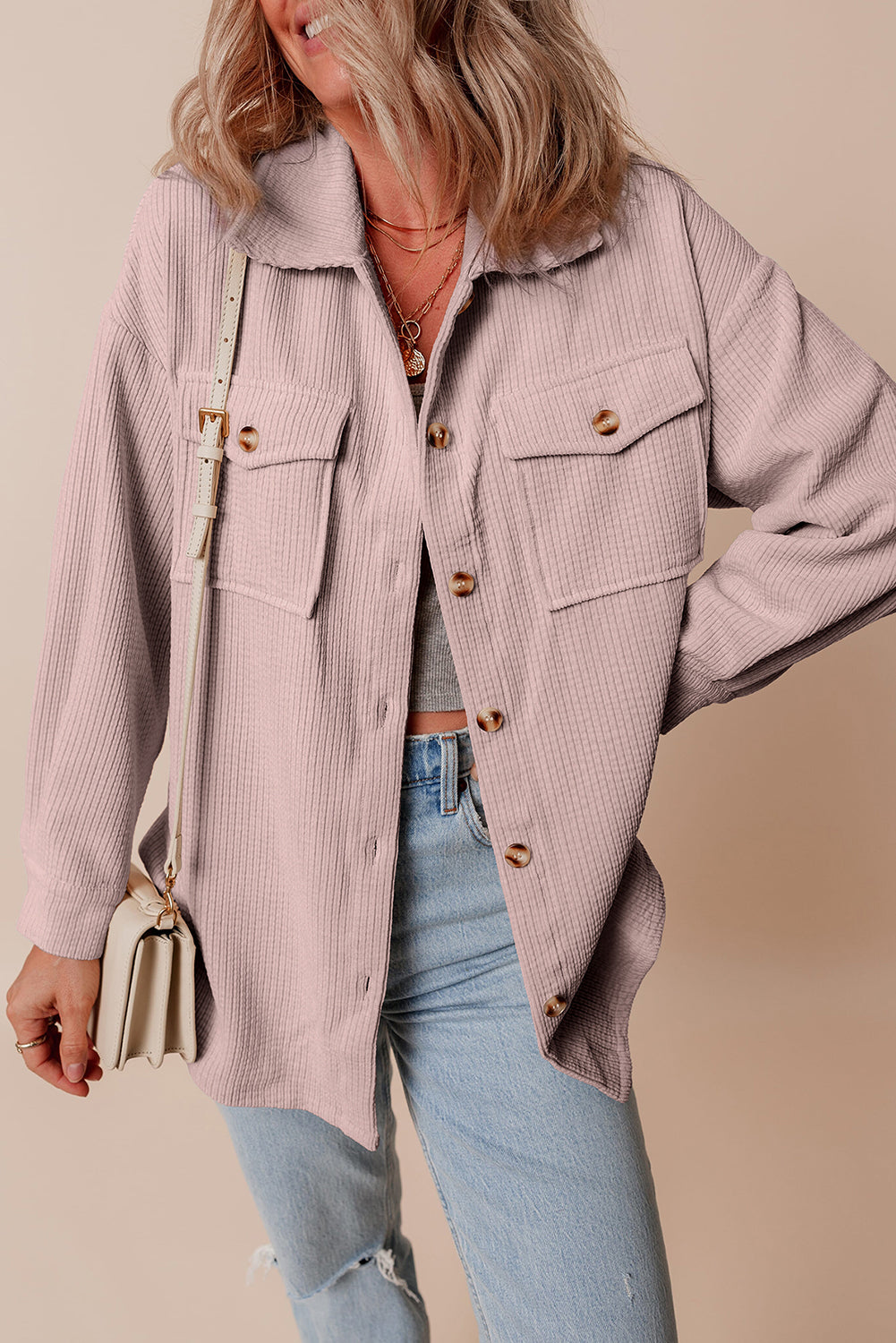 Solid Corduroy Button-Up Pocketed Shacket