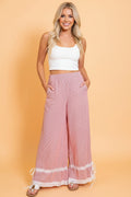 Stripe Contrast Lace Ribbon Tie Wide Leg Pants