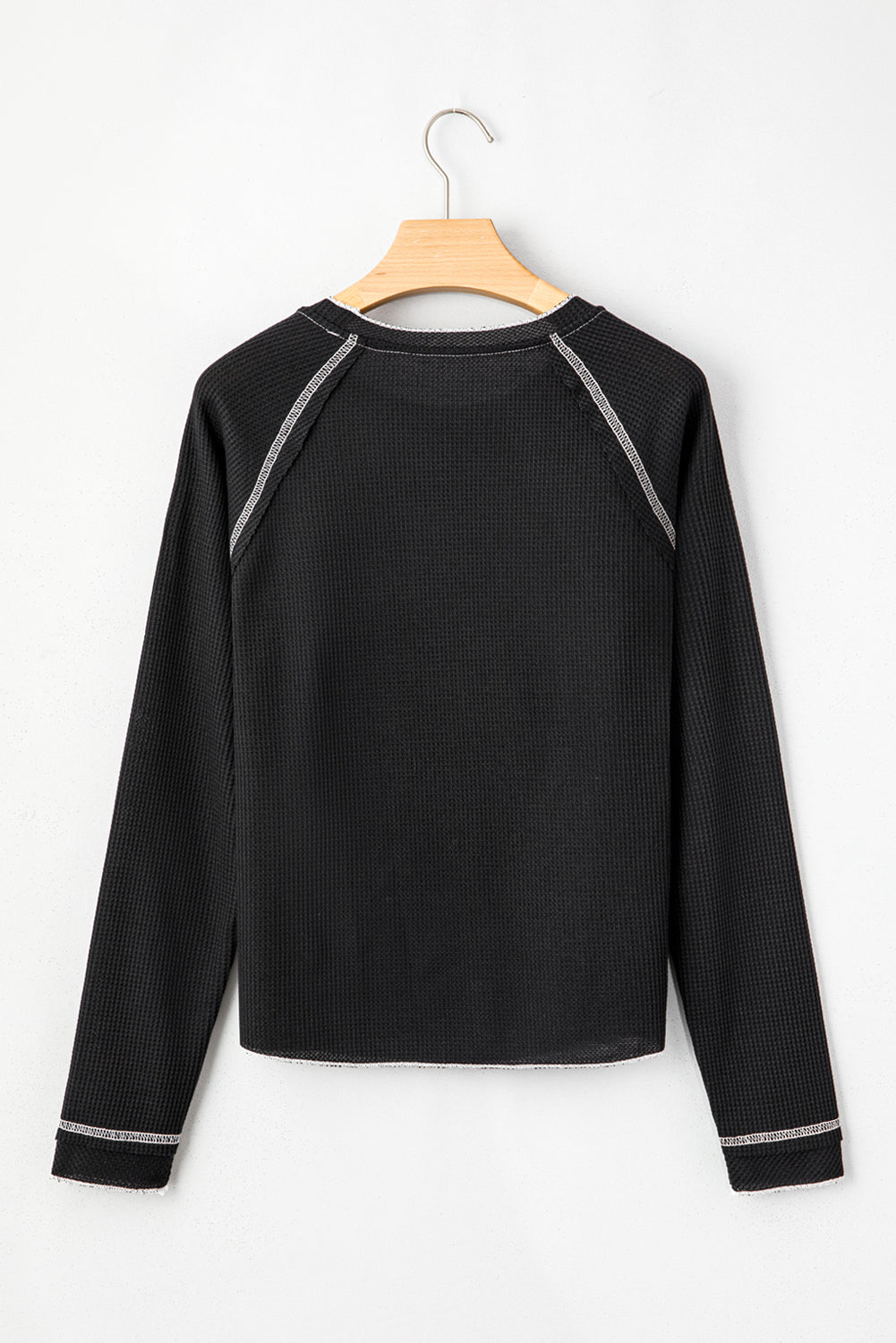 Solid Waffle Knit Round Neck Long Sleeve Top