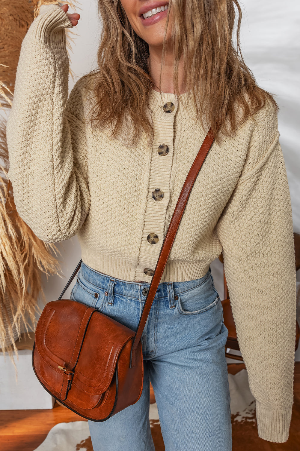 Solid Button-Up Cropped Cardigan Sweater