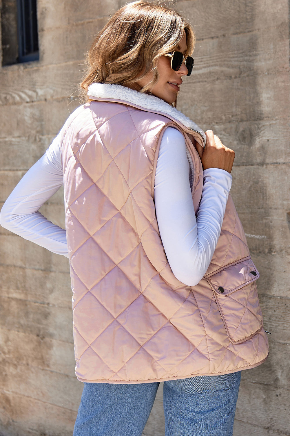 Solid Fleece Lined Quilted Vest Coat