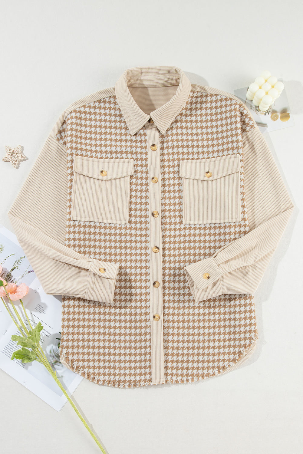 Houndstooth Corduroy Patchwork Flap Pocket Shacket