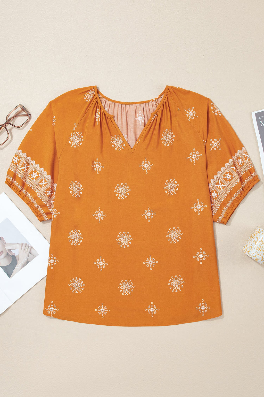 Plus Size Boho Floral Boho Notch V-Neck Top