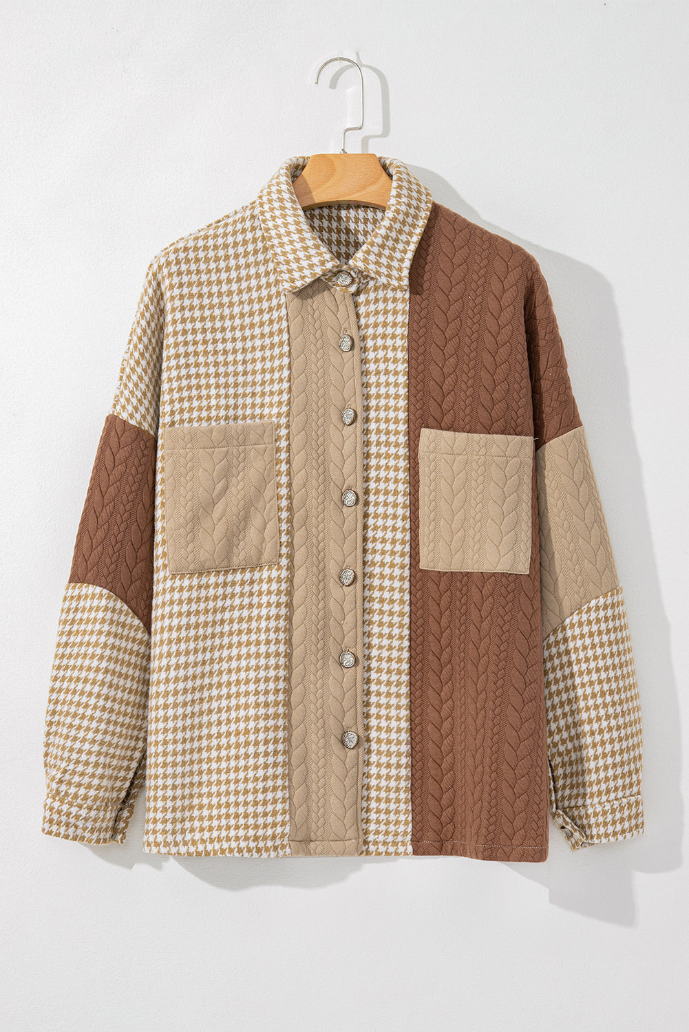Houndstooth Colorblock Textured Patchwork Shacket