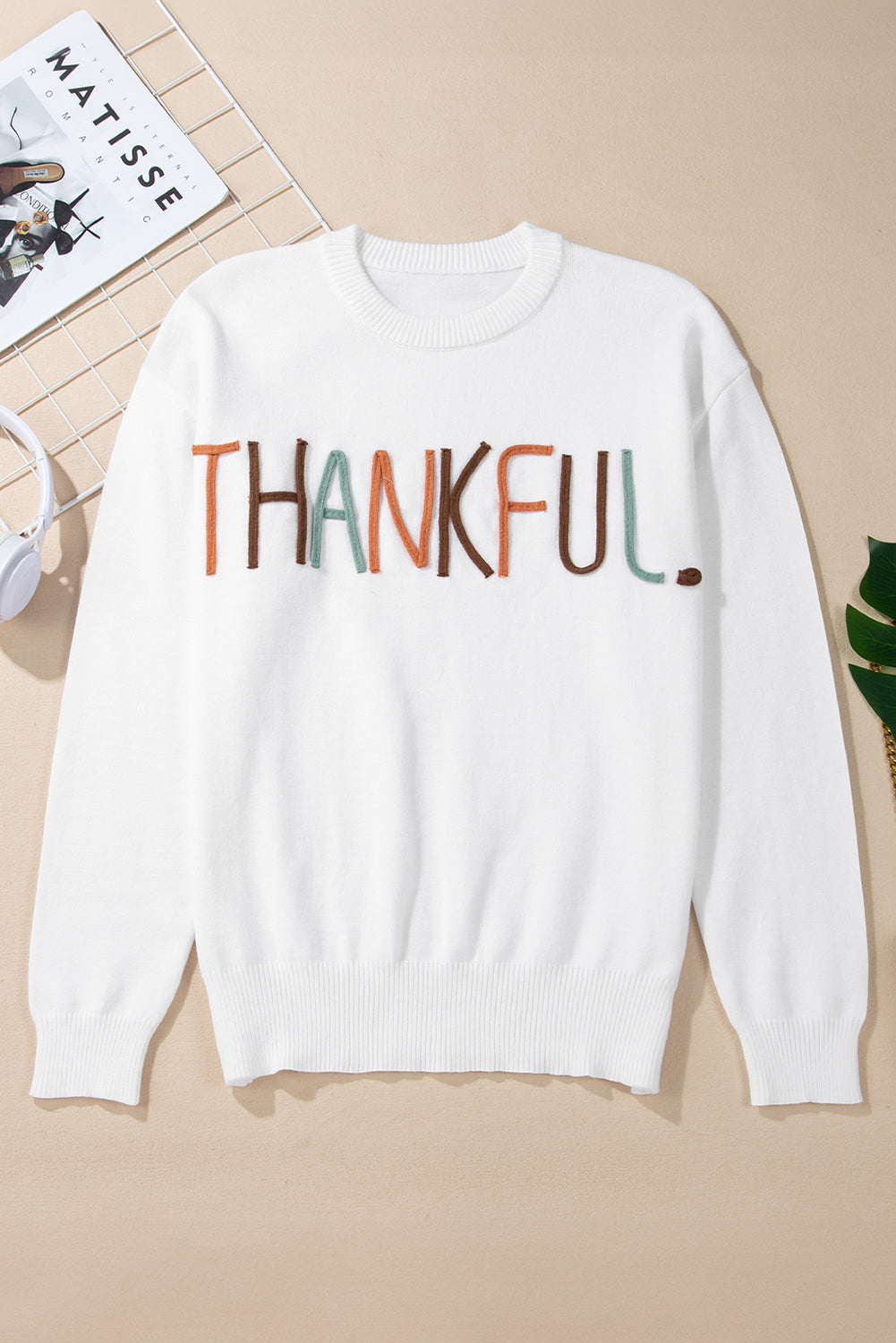 Thankful Embroidered Ribbed Trim Thanksgiving Sweater