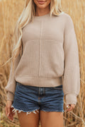 Ribbed Patchwork Textured Knit Puff Sleeve Sweater