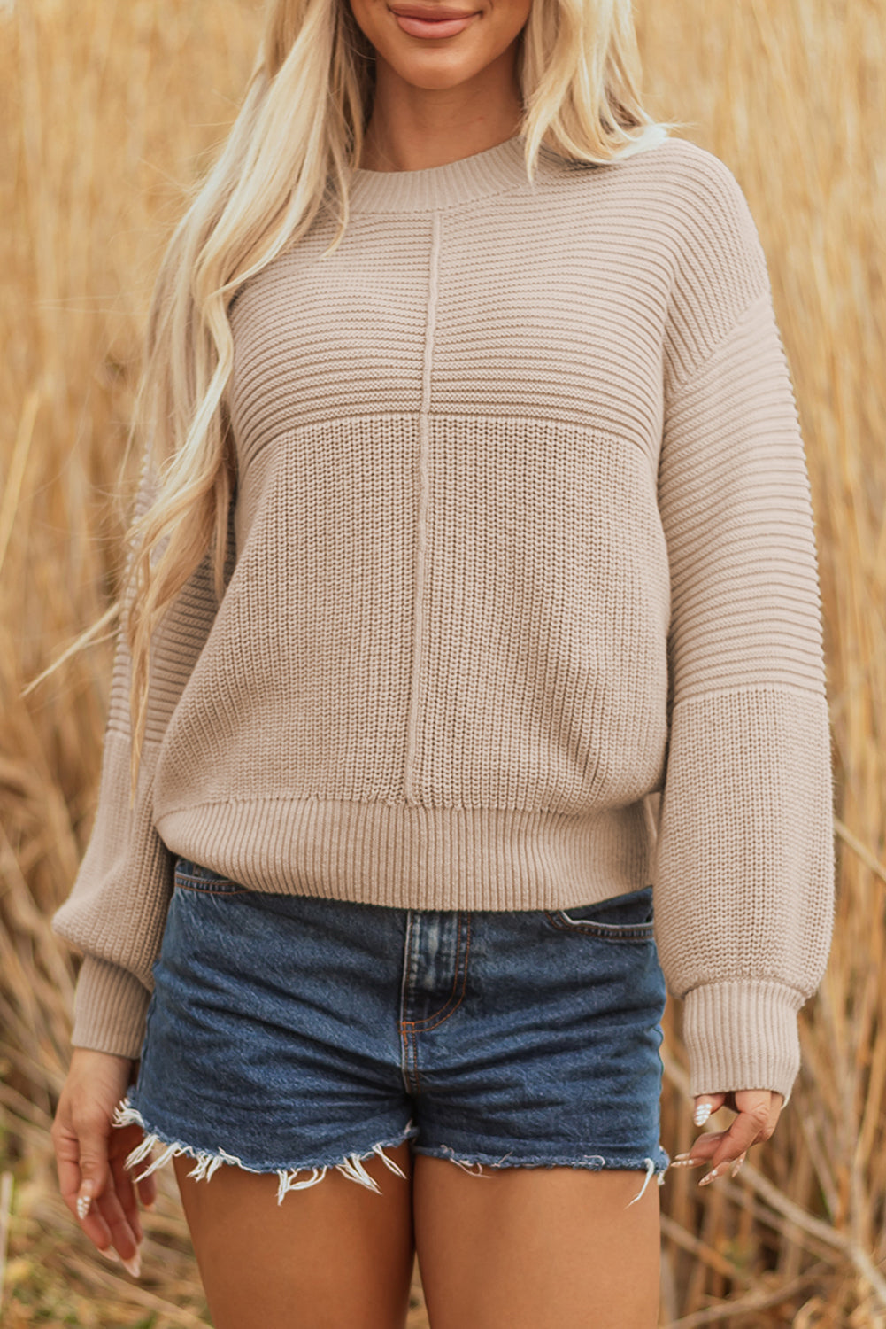 Ribbed Patchwork Textured Knit Puff Sleeve Sweater