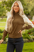 Colorblock Raglan Puff Sleeve Mock Neck Sweater