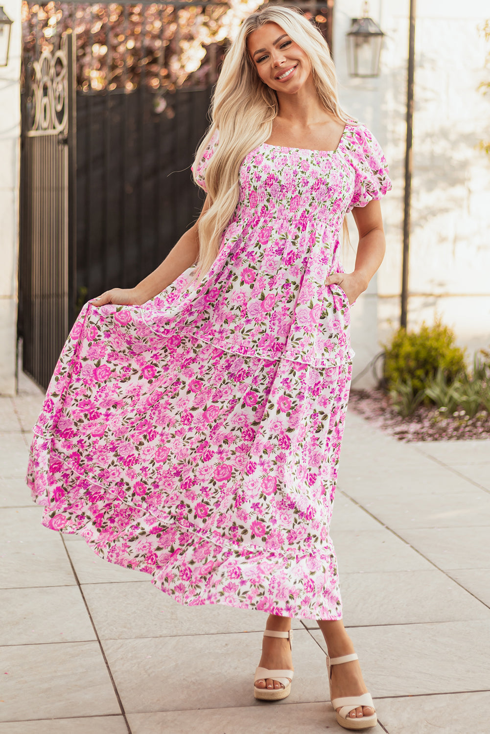 Dainty Floral Smocked Puff Sleeve Flowy Maxi Dress