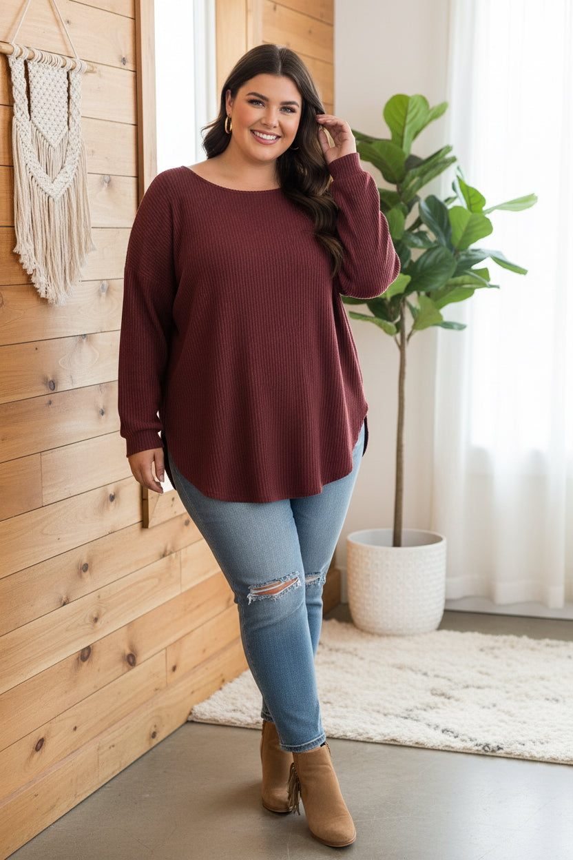 Plus Size Ribbed Button Decor Long Sleeve Top