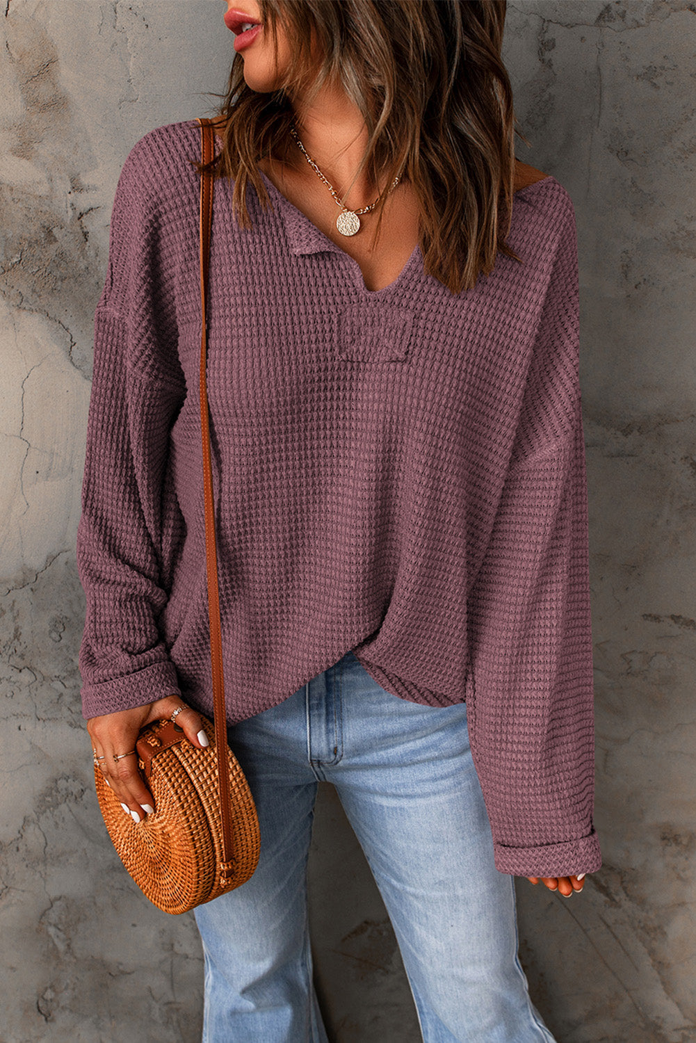 Solid Waffle Knit Long Sleeve Top