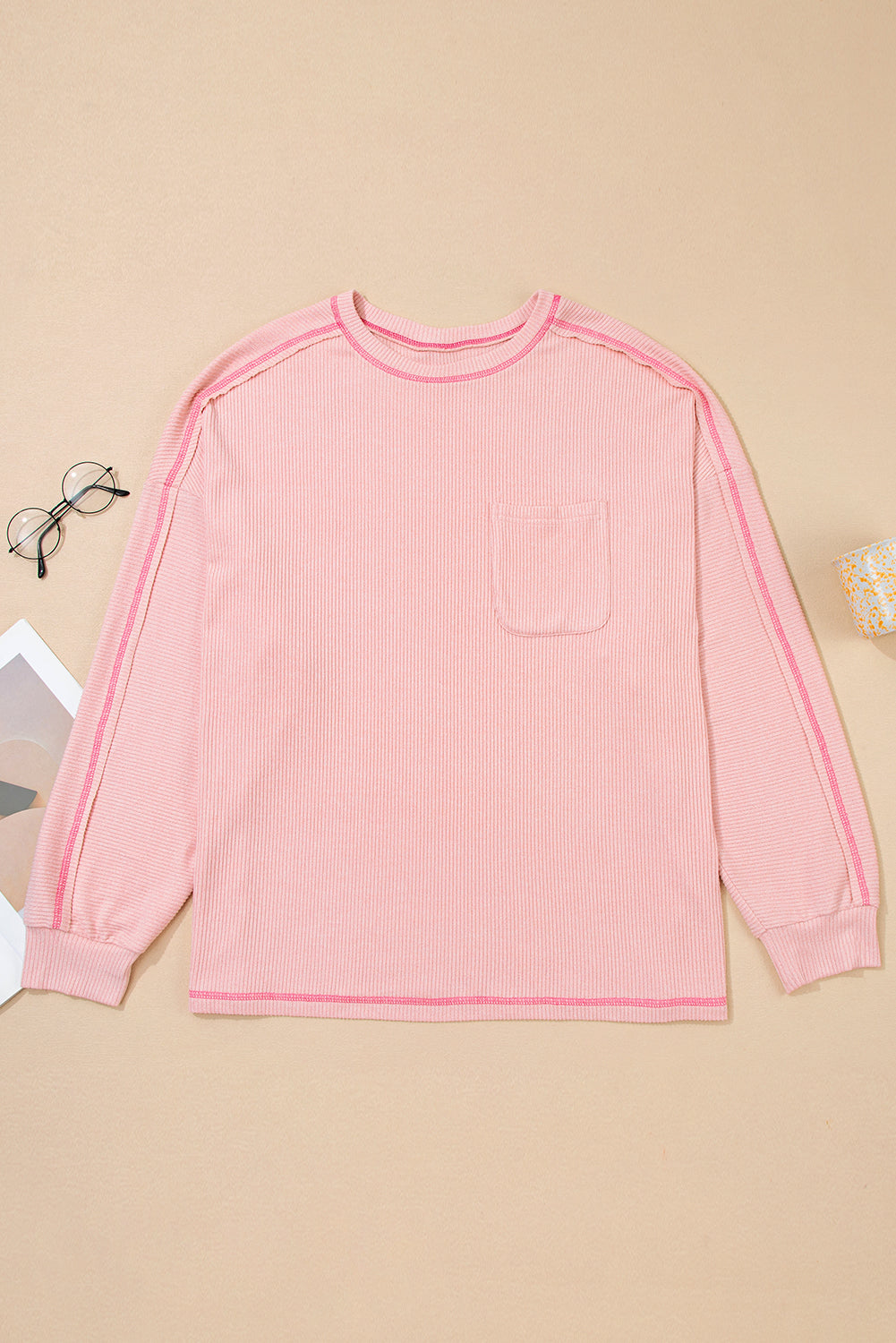 Plus Size Solid Ribbed Reverse Seam Chest Pocket Top