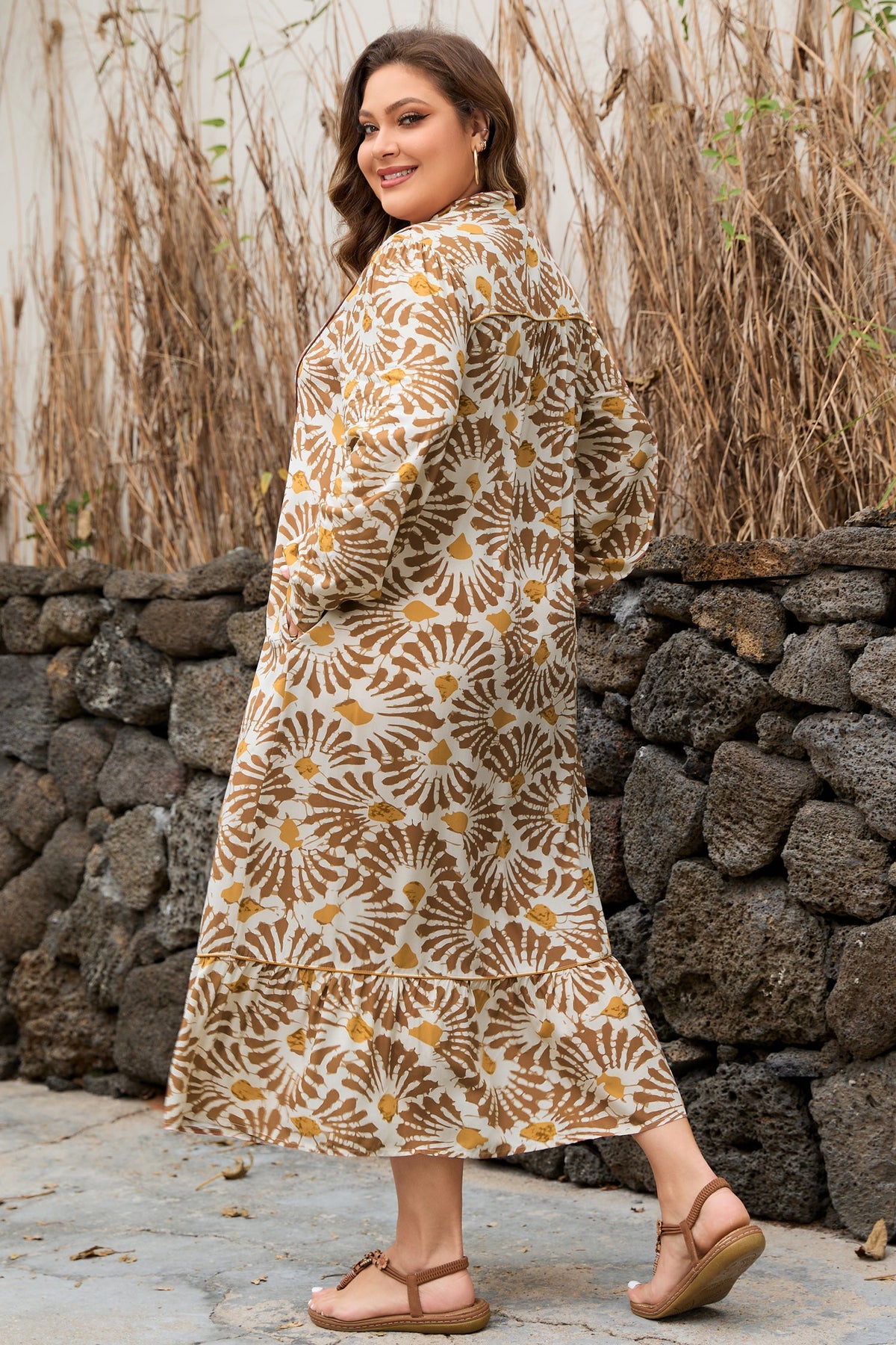 Plus Size Abstract Plant Long Sleeve Maxi Dress