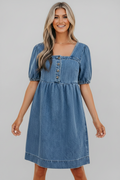 Denim Button Square Neck Puff Sleeve Mini Dress
