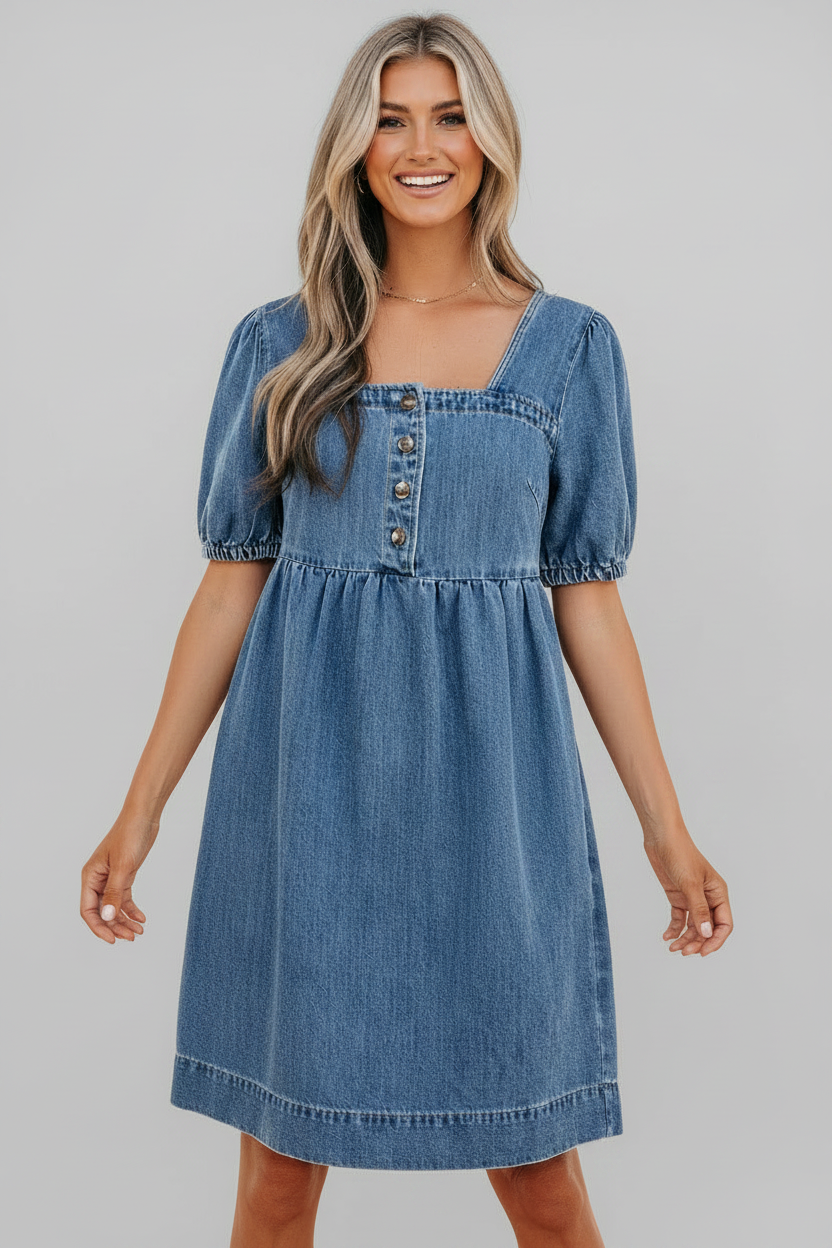 Denim Button Square Neck Puff Sleeve Mini Dress