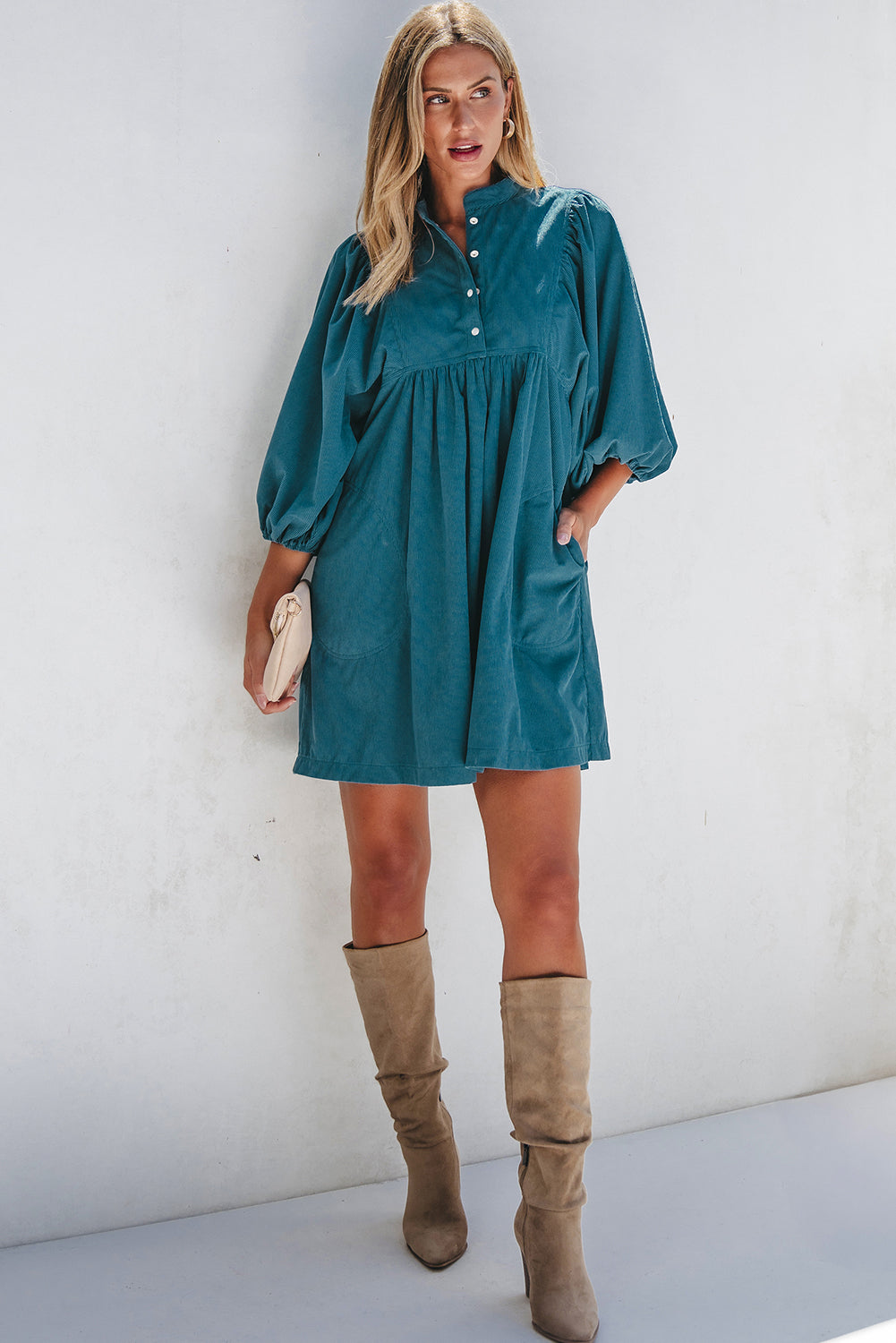 Solid Corduroy 3/4 Sleeve Snap Button Dress