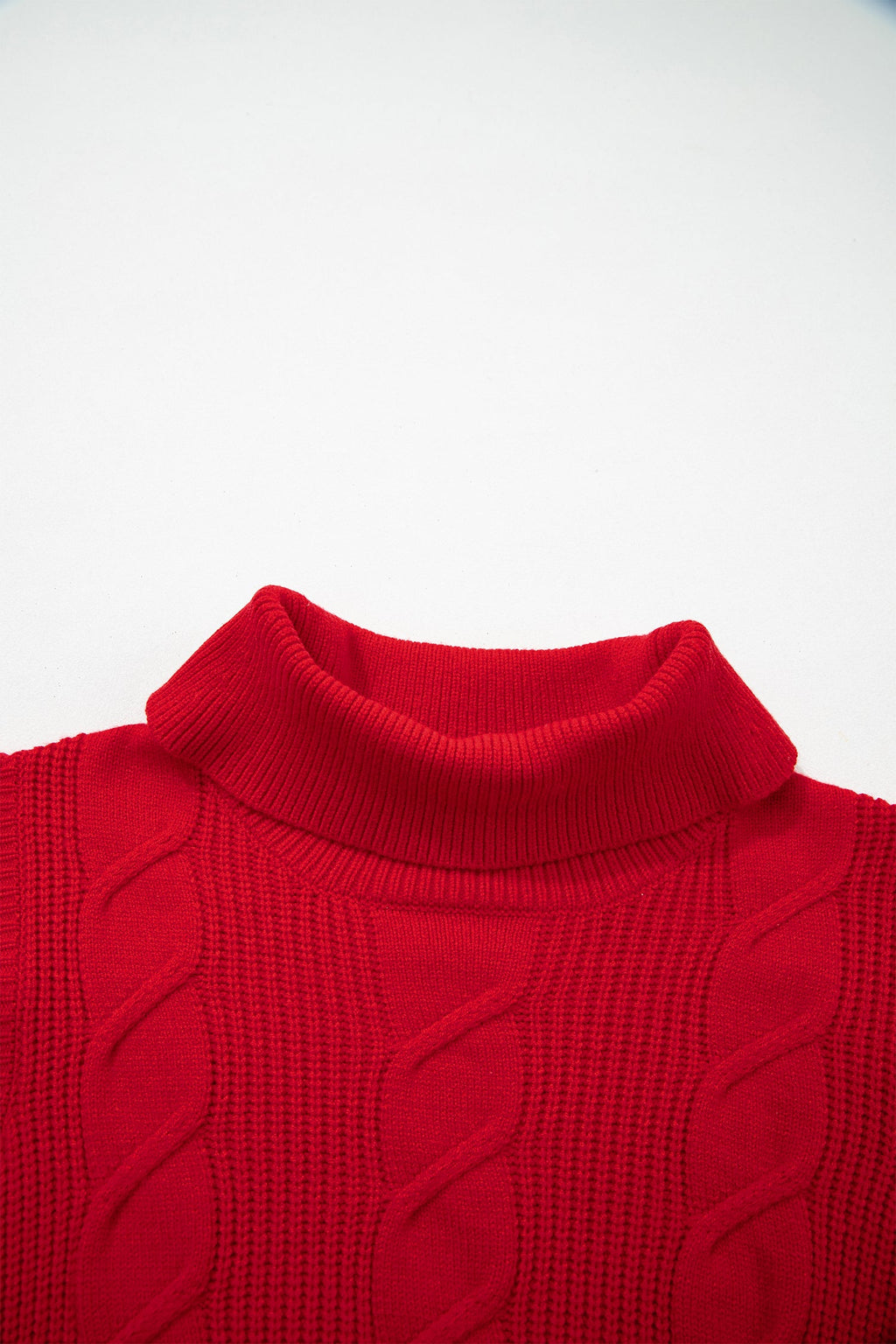 Cable Knit Turtleneck Ruffle Short Sleeve Sweater