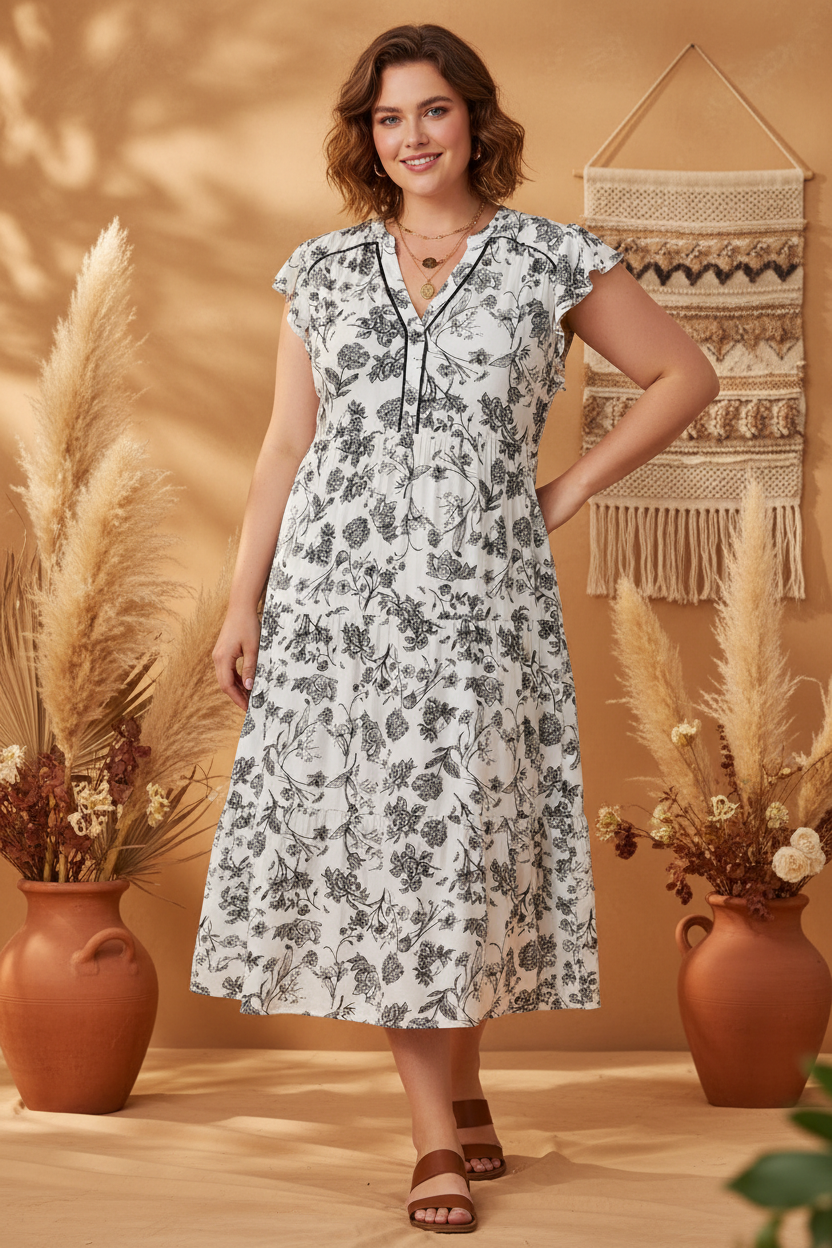 Plus Size Floral Ruffle Sleeve Midi Dress