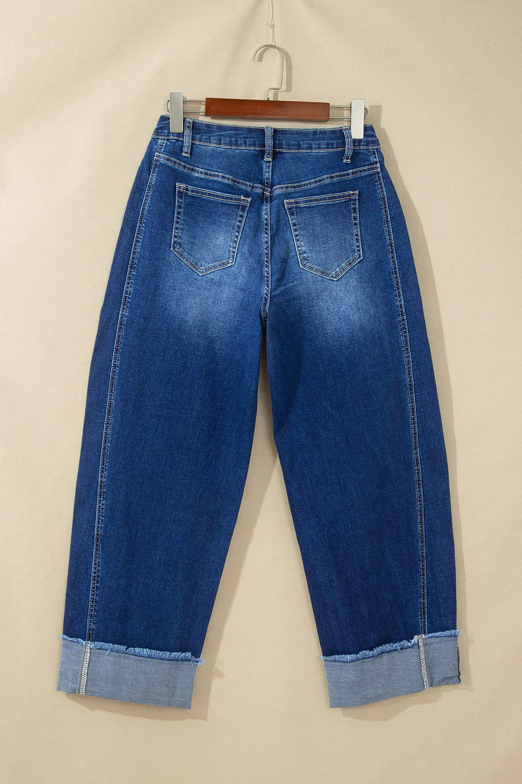 Solid Denim Folded Raw Hem High Waist Jeans