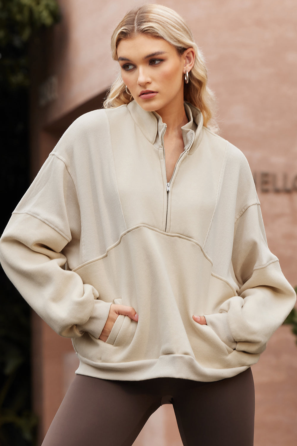 Solid Half-Zip Reverse Seam Pocketed Sweatshirt