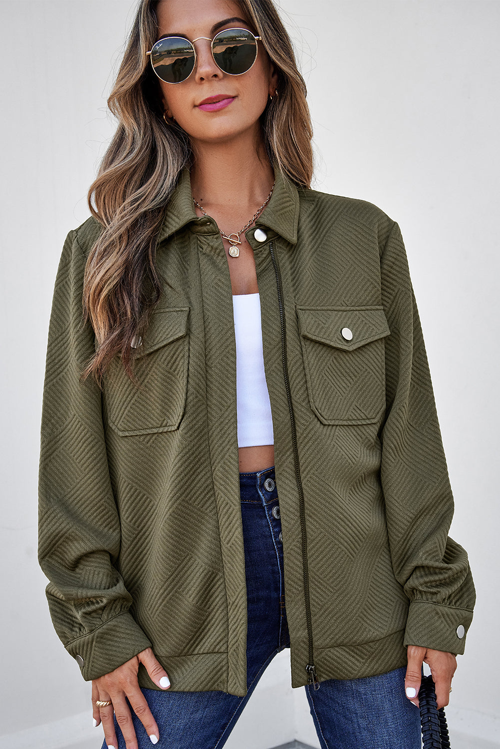 Solid Flap Pocket Shirt Collar Zip Up Jacket