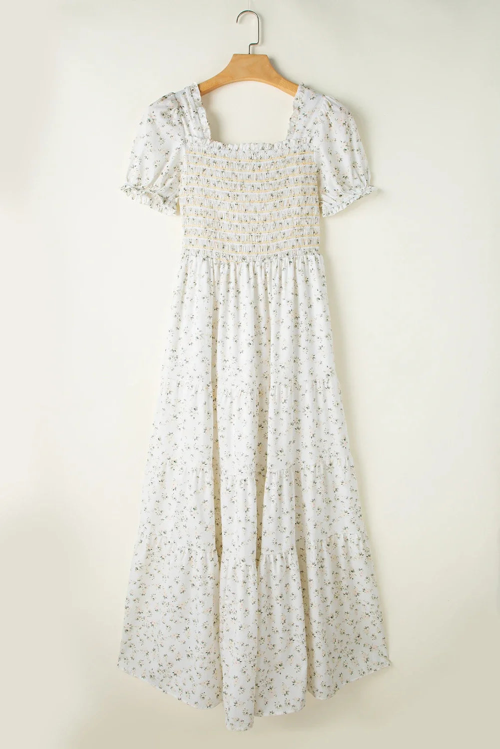 Floral Frilly Shirred Bodice Tiered Maxi Dress