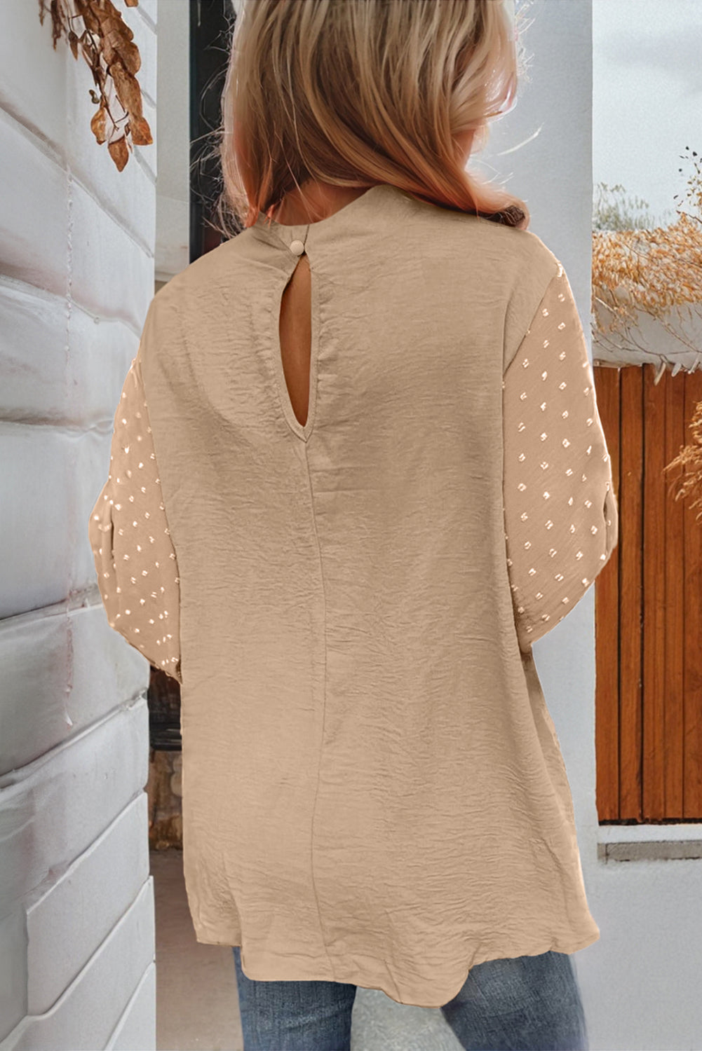 Solid Swiss Dot Balloon Sleeve Blouse