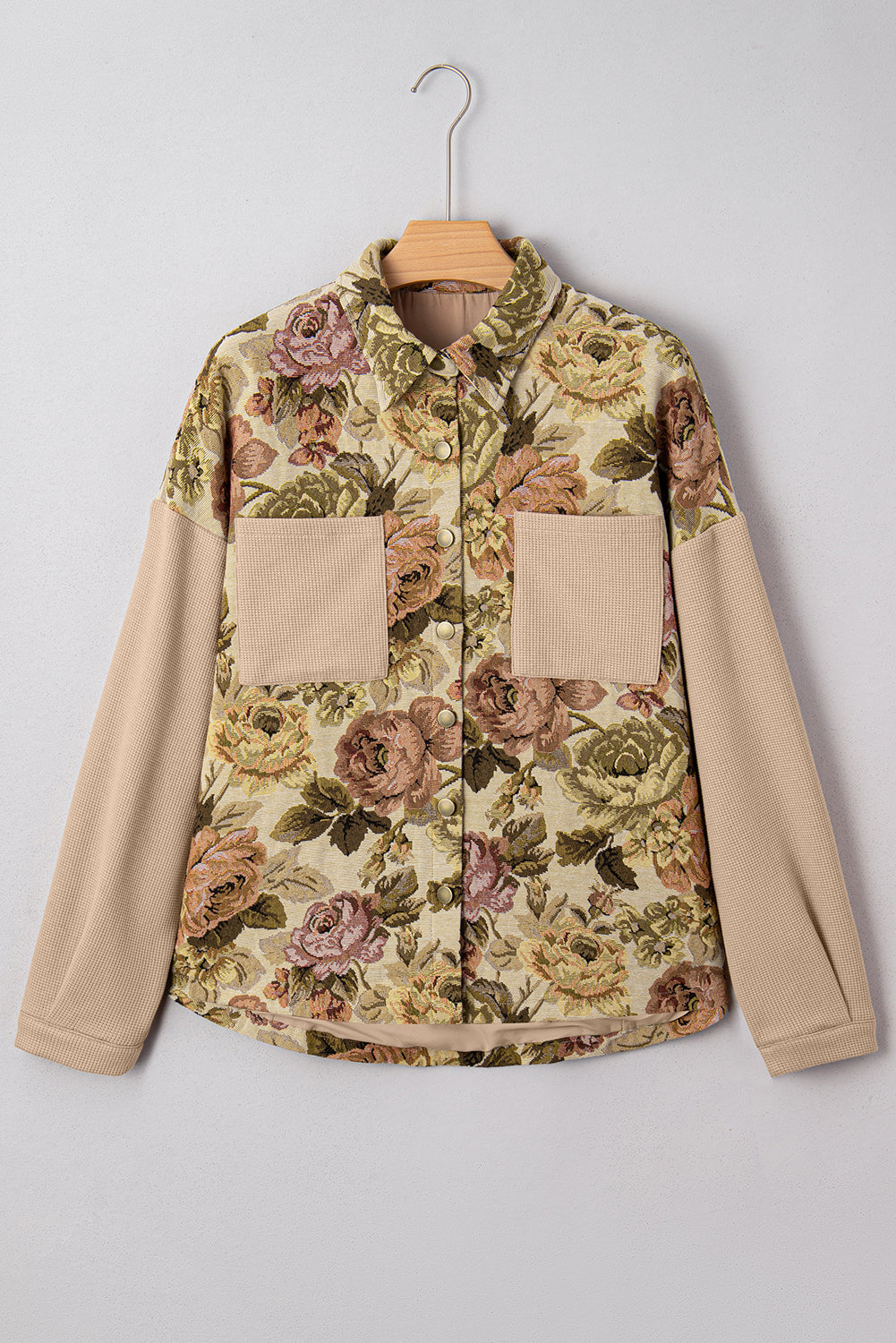 Floral Waffle Knit Patchwork Chest Pocket Buttoned Jacket