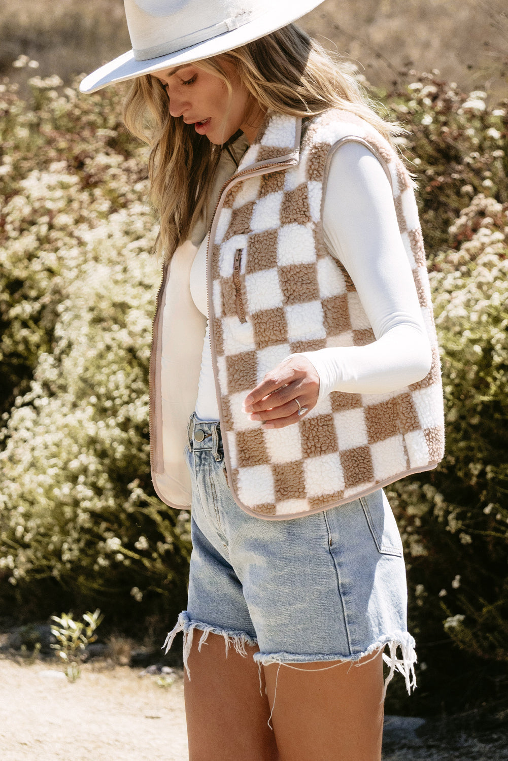 Checker Sherpa Collared Jacket Vest