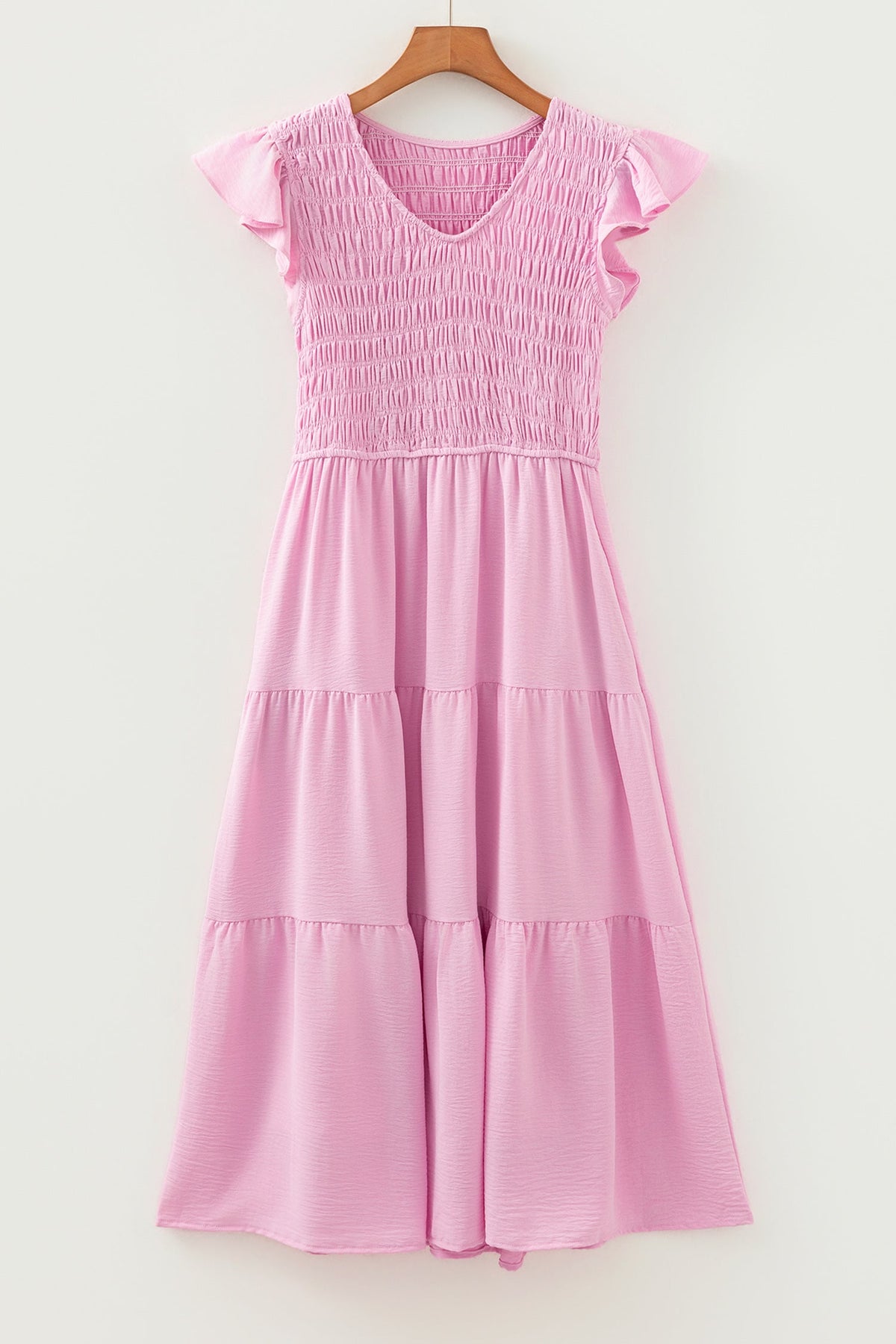 Smocked V-Neck Flutter Sleeve Tiered Midi Dress