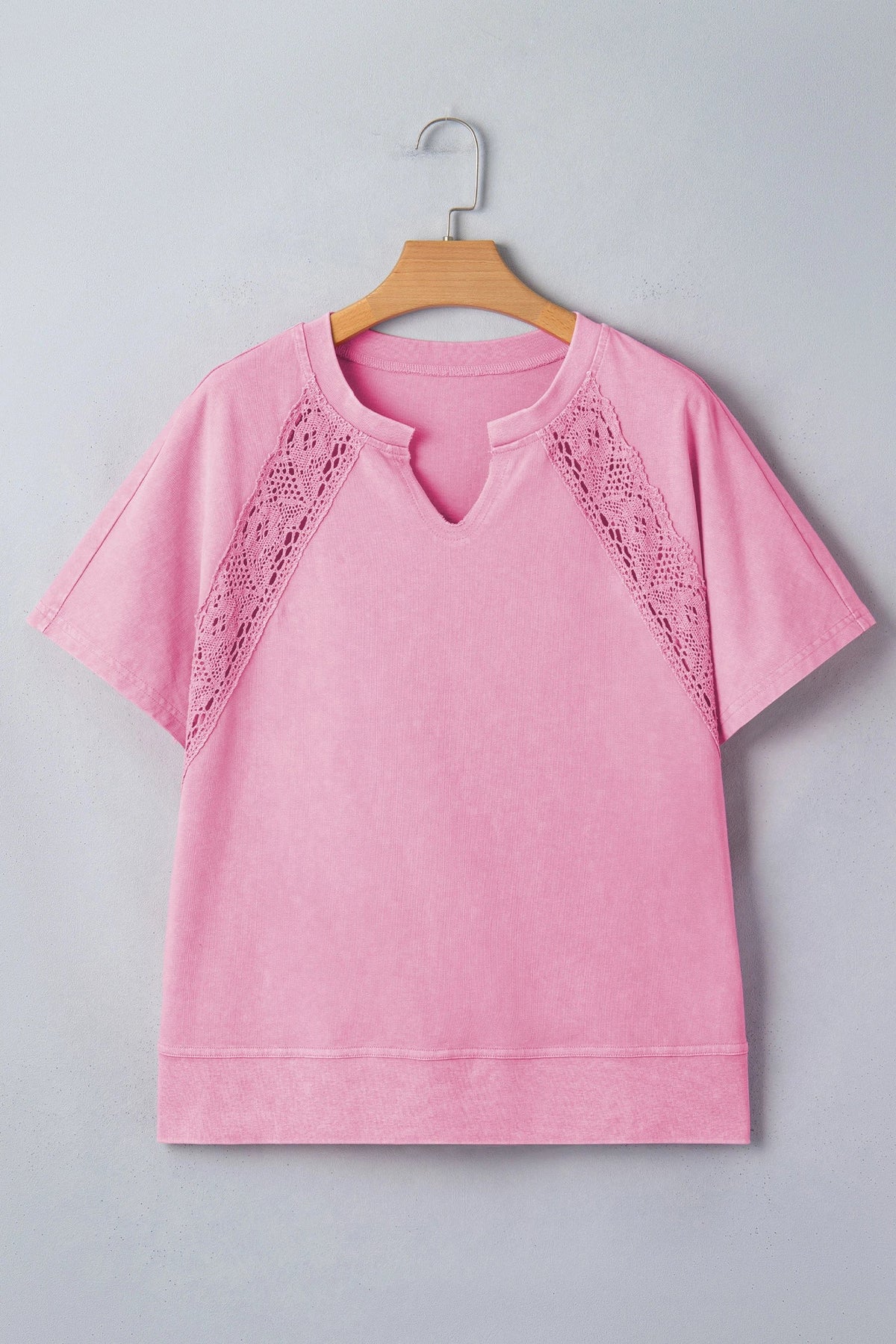 Solid Lace Patchwork Raglan Sleeve Notched Neck Tee