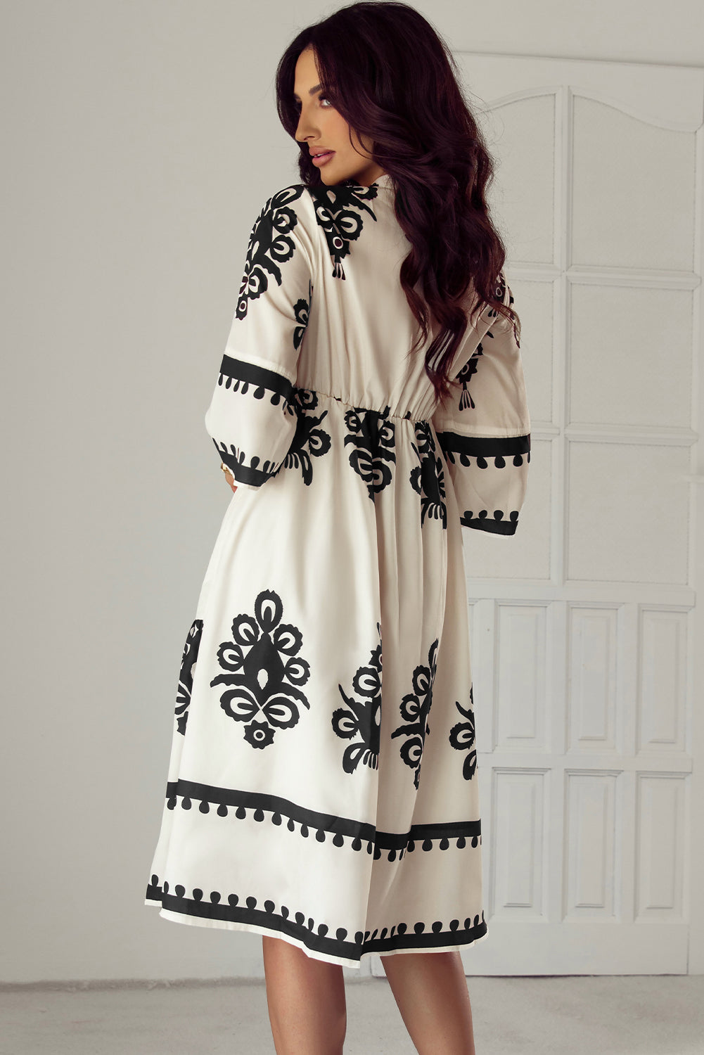 Western Geometric 3/4 Sleeve Midi Dress