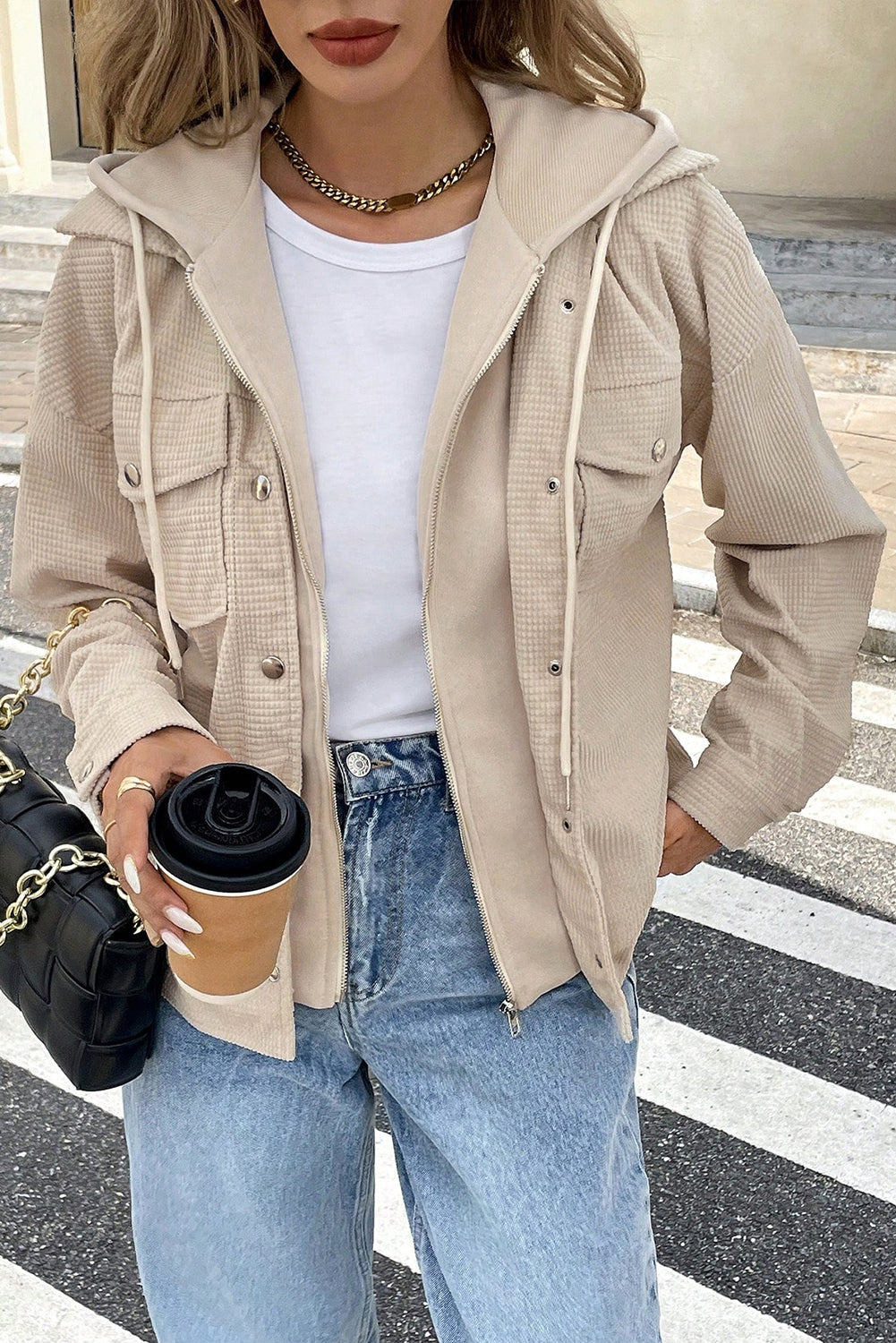Textured Knit Pocketed Drawstring Hooded Jacket