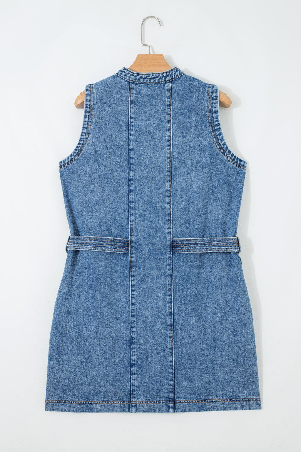 Western Denim Belted Button Down Sleeveless Dress