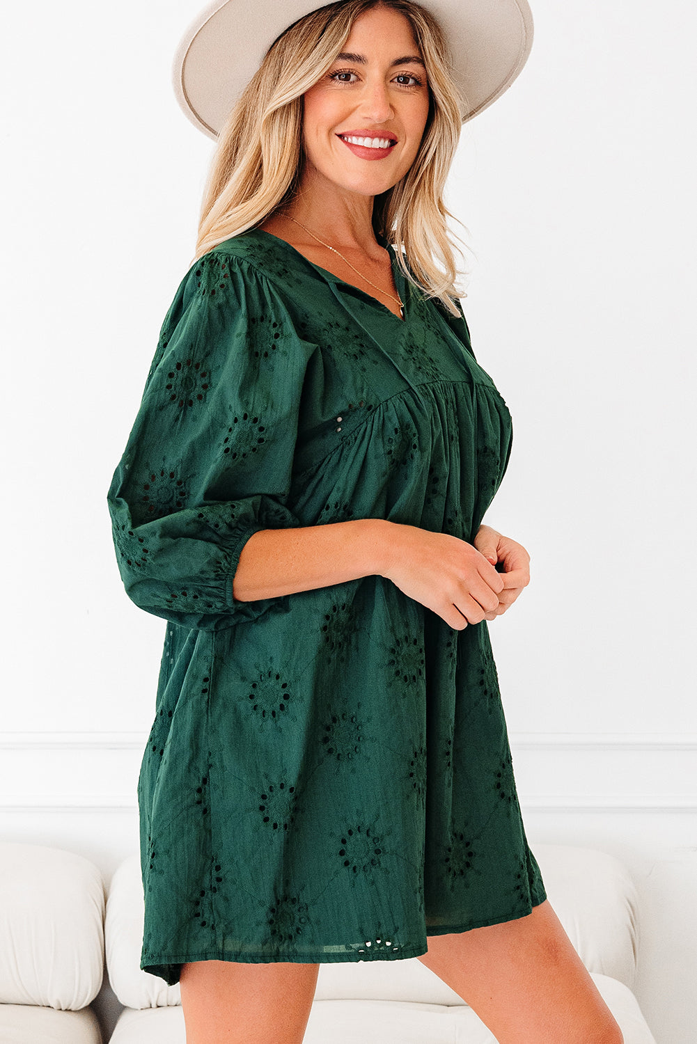 Solid Embroidered Eyelet 3/4 Sleeve Mini Dress