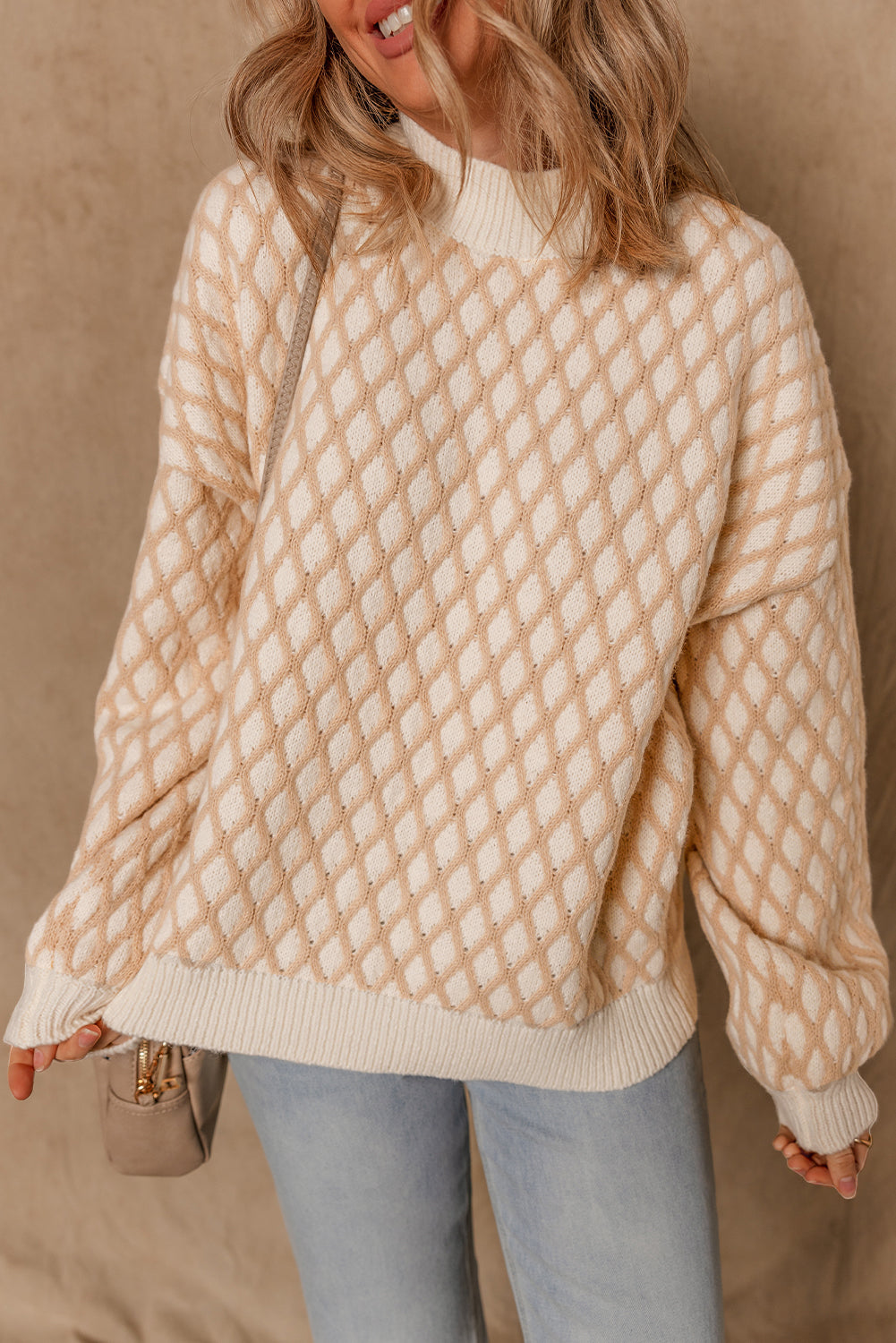 Rhombus Textured Knit Mock Neck Sweater