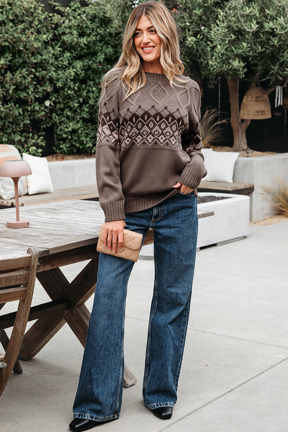 Western Geometric Knit Crew Neck Sweater