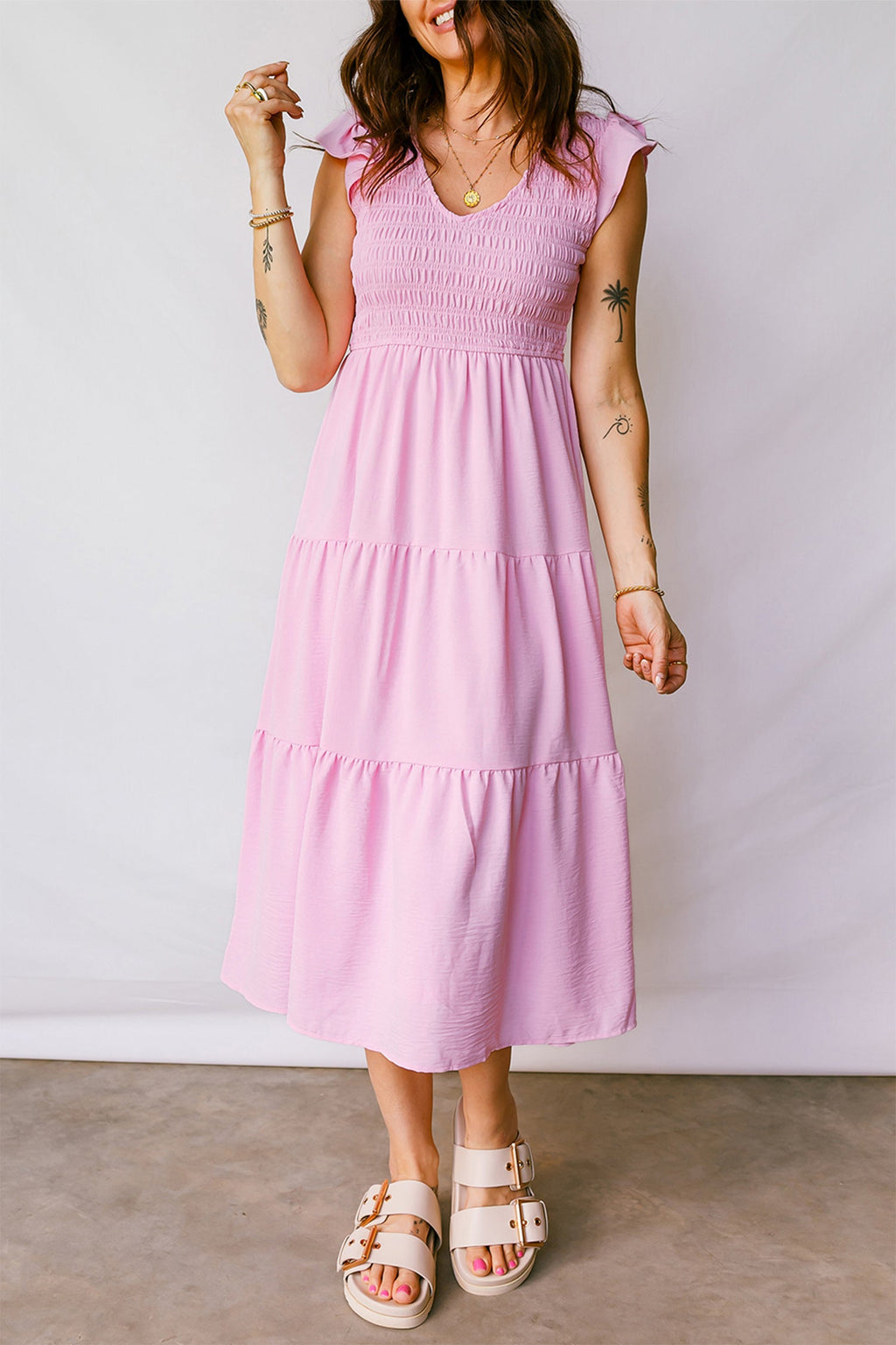 Smocked V-Neck Flutter Sleeve Tiered Midi Dress
