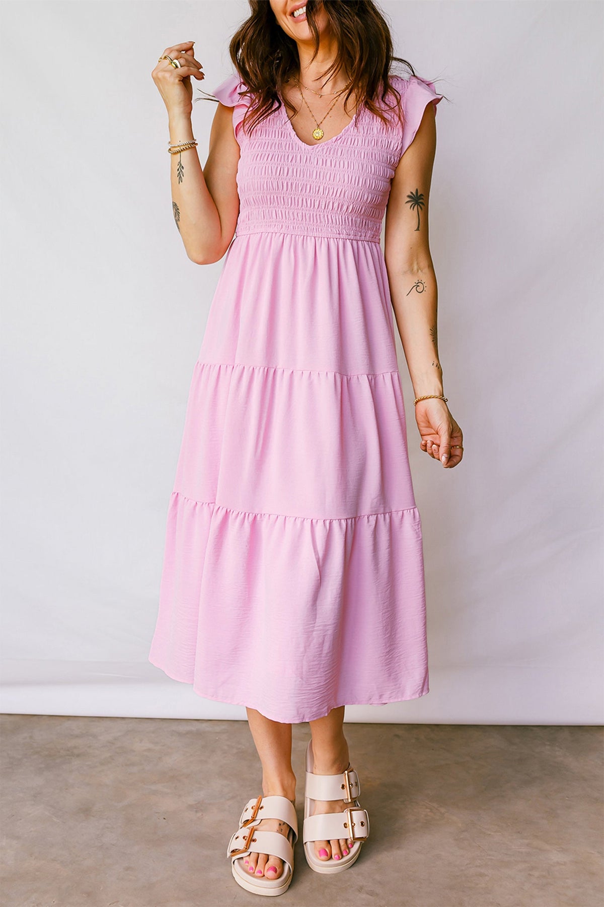 Smocked V-Neck Flutter Sleeve Tiered Midi Dress