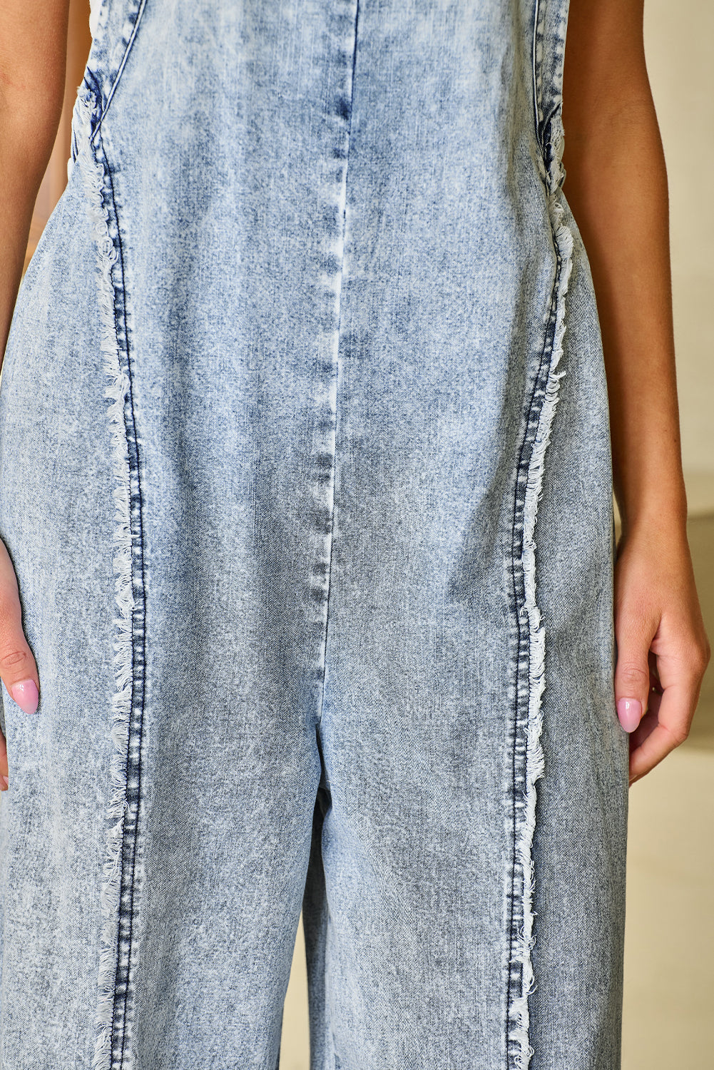 Denim Frayed Reverse Seam Wide Leg Overall